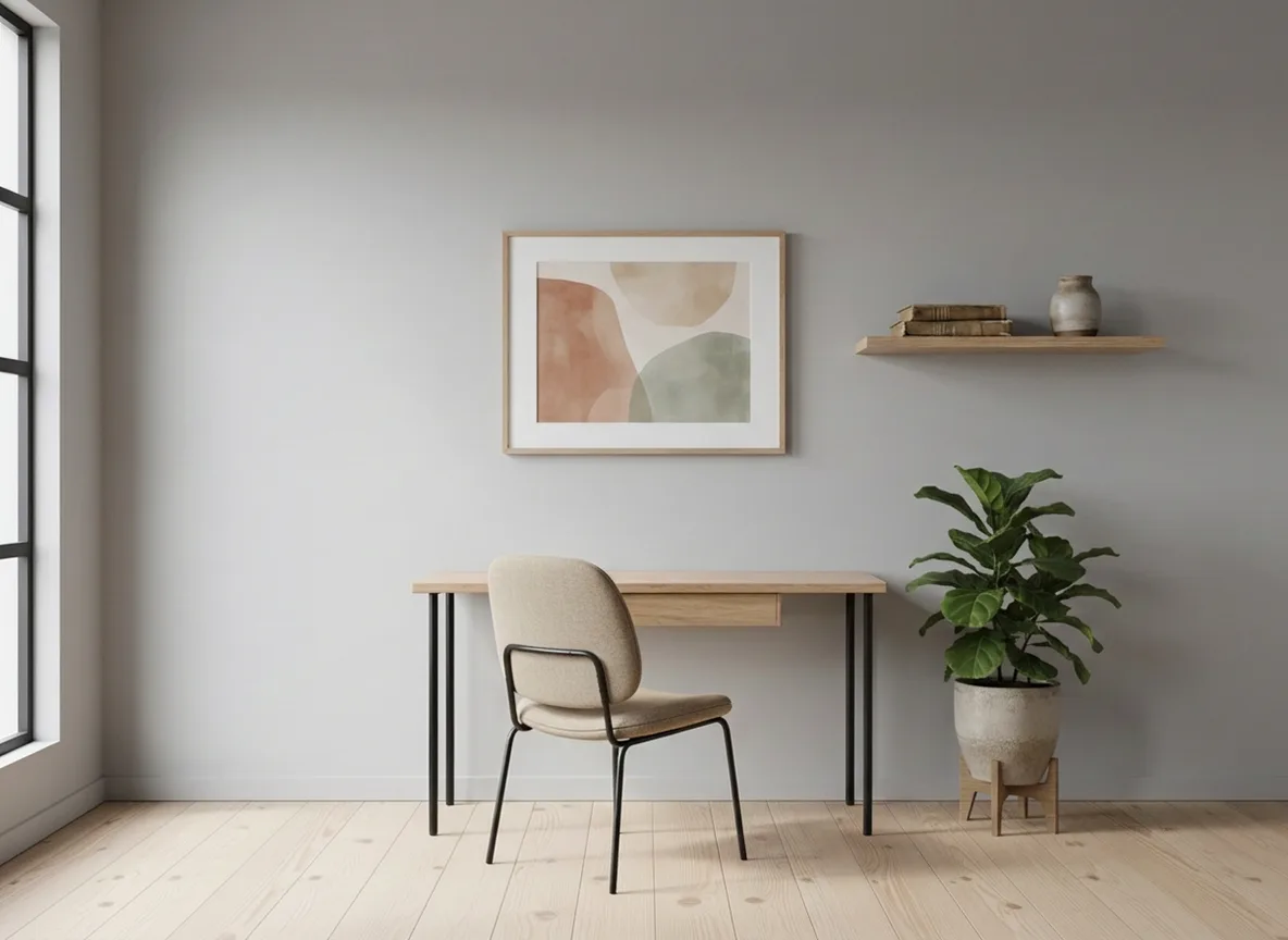 Empty office wall filled with decor