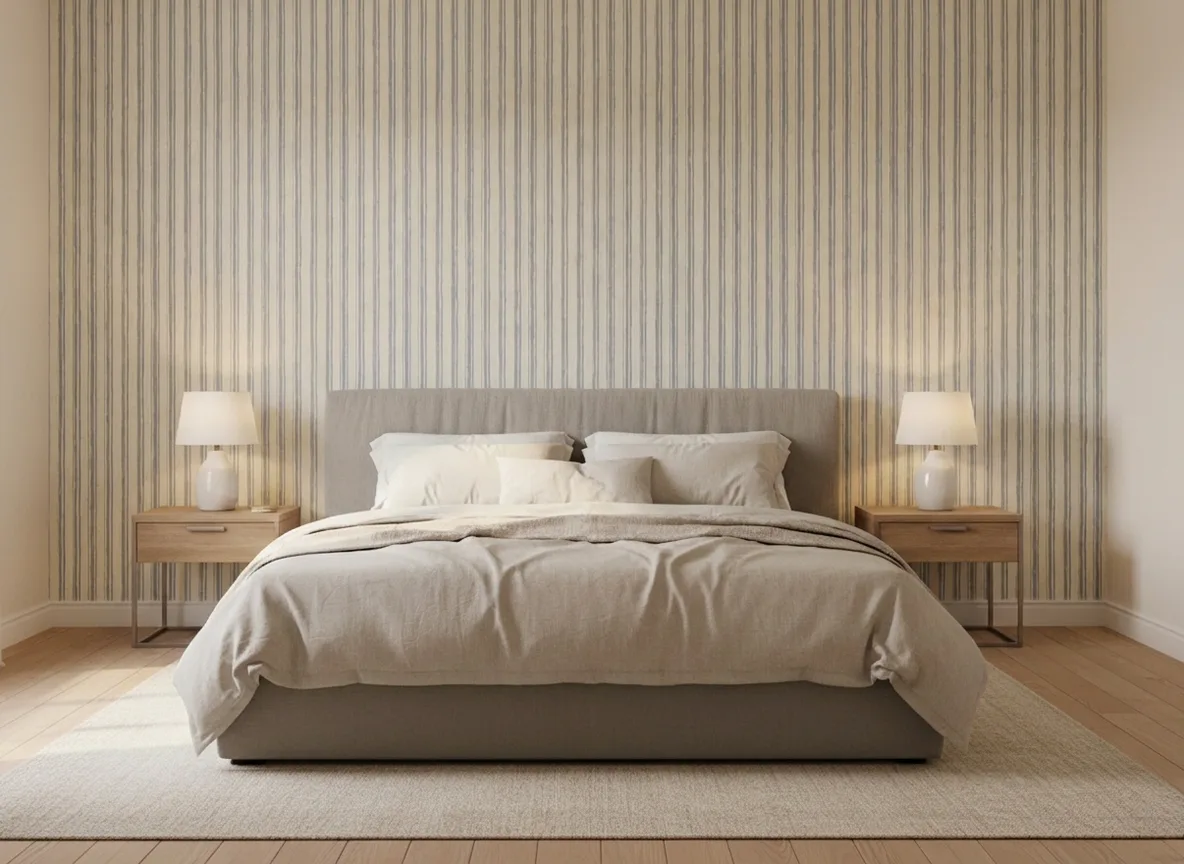 Bedroom wall with wallpaper applied