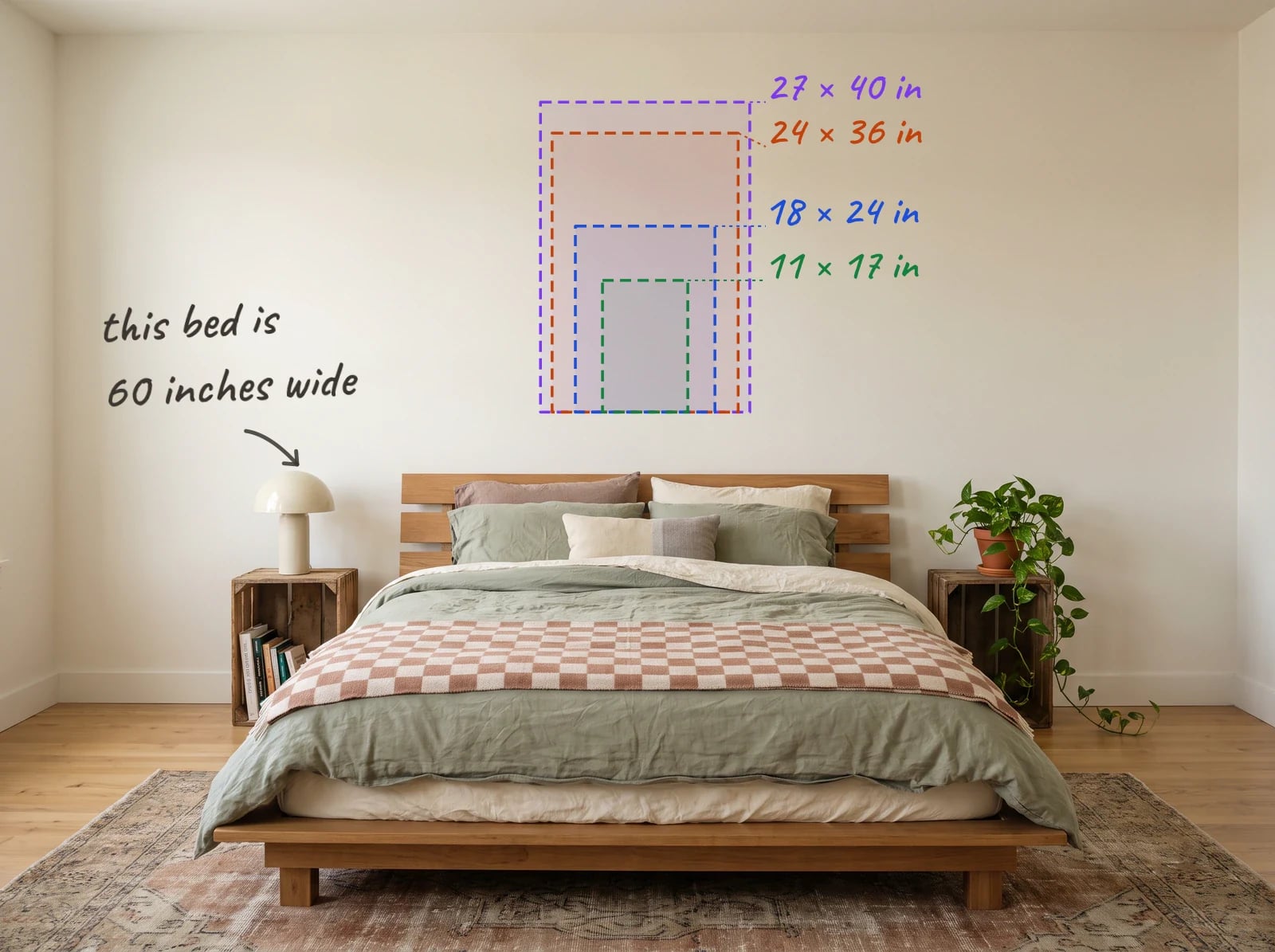 Poster size comparison: 11 × 17, 18 × 24, 24 × 36 and 27 × 40 inch posters outlined to scale above a 60 inch queen bed