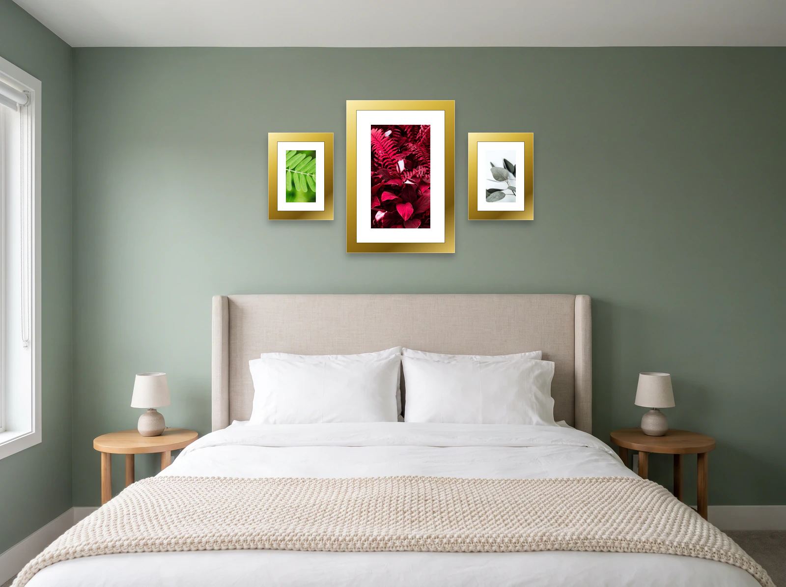 Bedroom gallery wall template: one 50 × 70 cm gold frame between two 30 × 40 cm gold frames above an upholstered headboard on a sage green wall