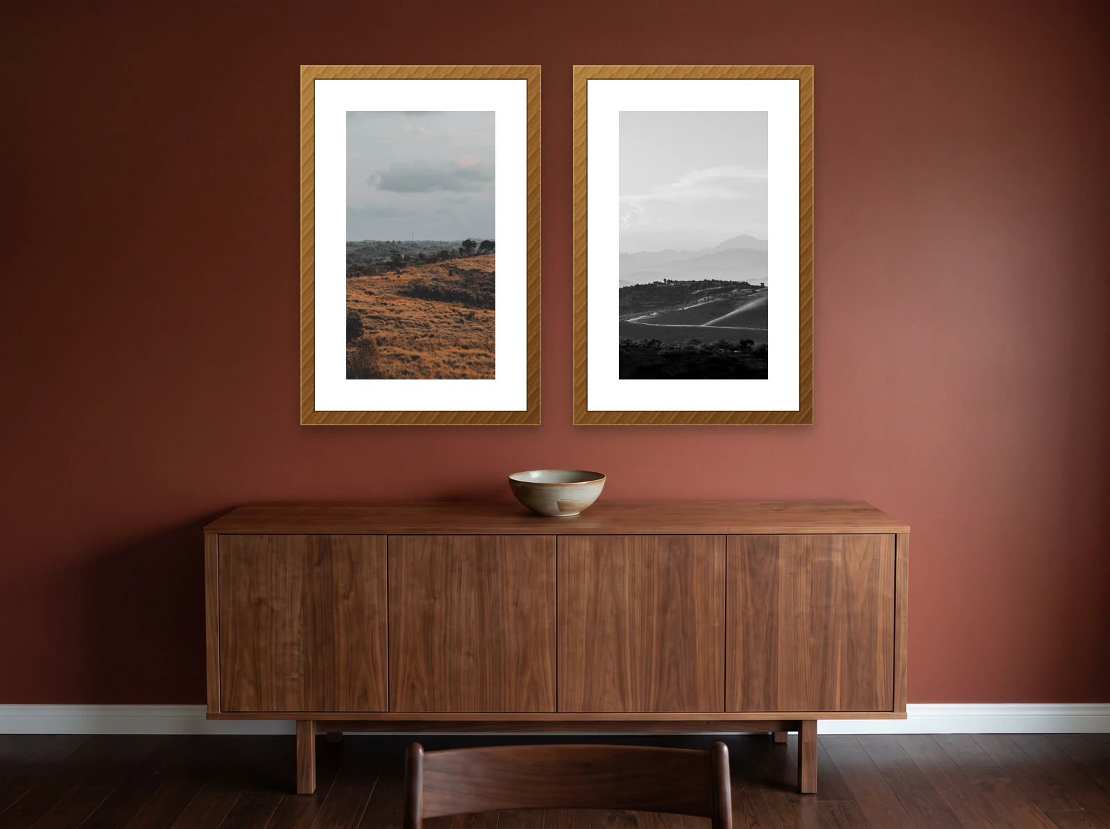 Dining room gallery wall template: two 61 × 91 cm frames above a walnut sideboard on a deep clay wall