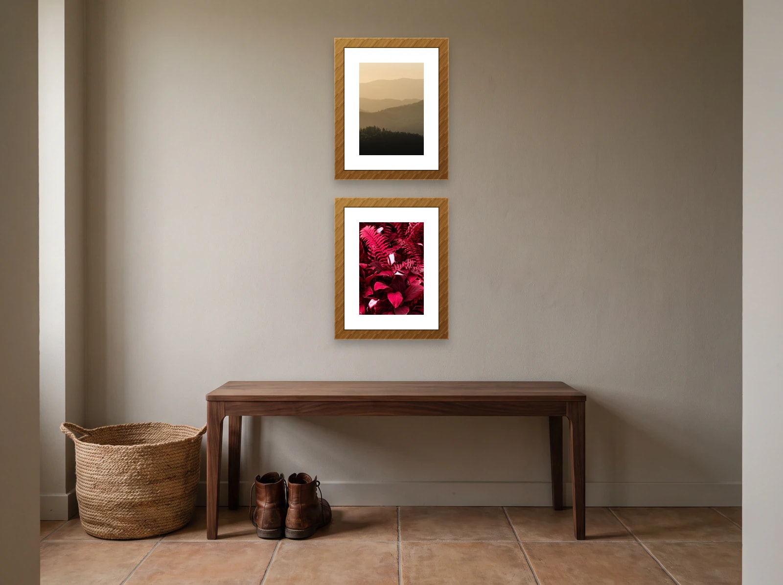 Entryway gallery wall template: two 40 × 50 cm frames stacked above a dark wood bench on a greige wall