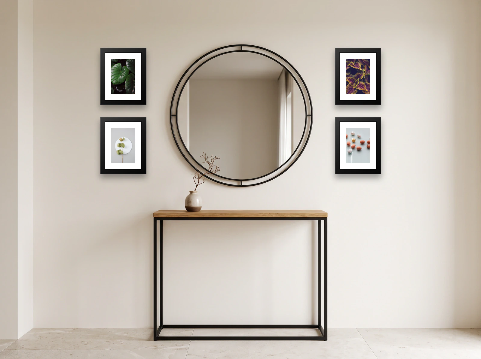 Gallery wall template with a mirror: four 24 × 30 cm frames flanking a round black mirror above a console table