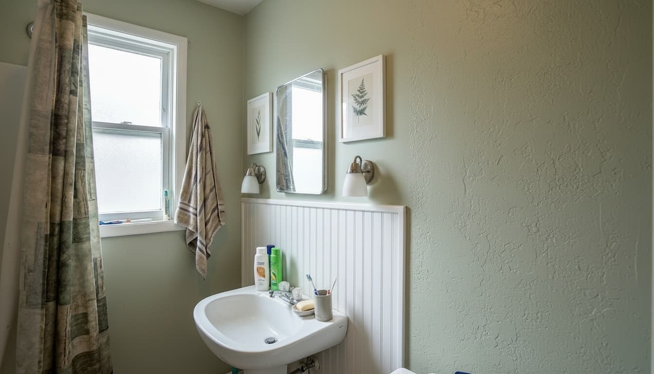 Bathroom wall with mirror and minimal framed art