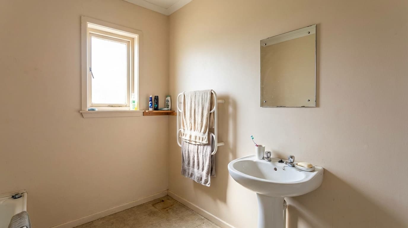 Bathroom with simple vanity, mirror, and blank wall