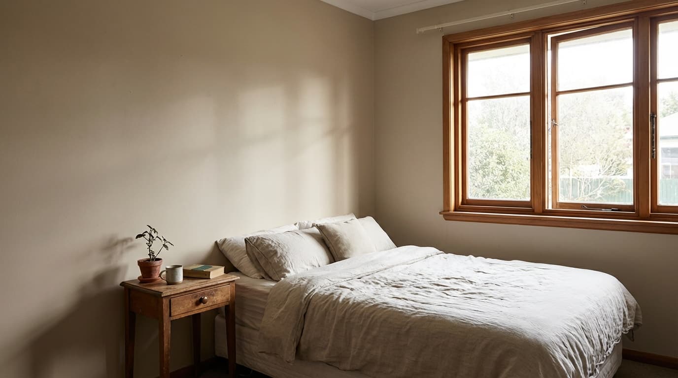 Bedroom with bed centered against a blank wall