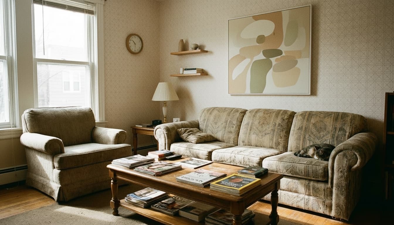 Living room wall transformed with balanced, calming decor