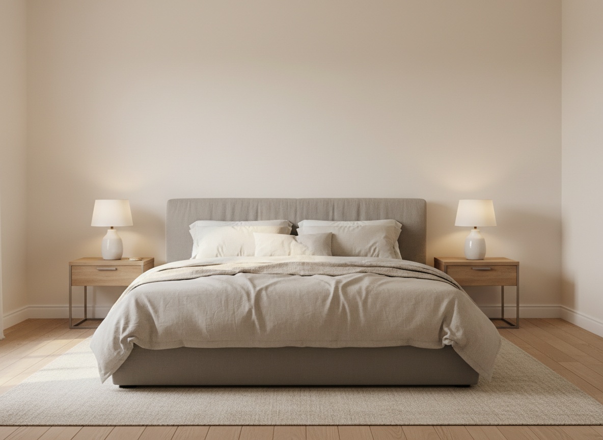 Bedroom with an upholstered bed and two bedside lamps